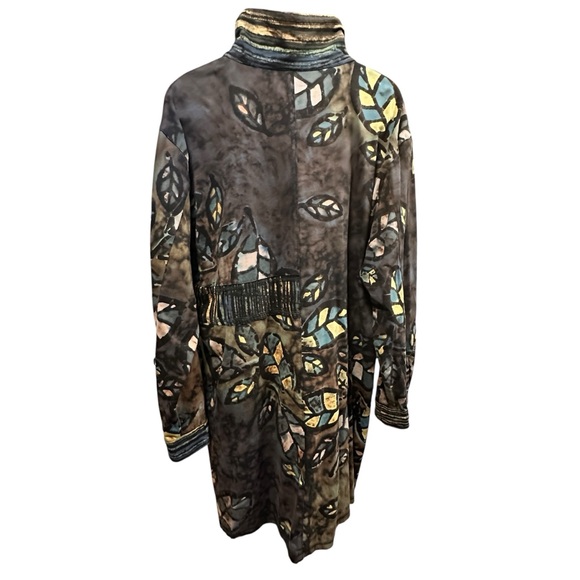 Hand Died Button Up Faux Neck Tunic Natural Tones with Leafs and Stripes 1X - Picture 7 of 13